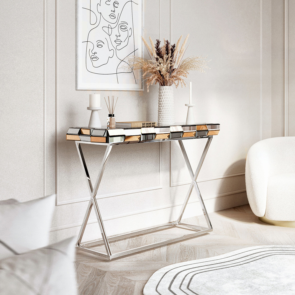 CARME Home Knightsbridge Rose Gold Silver Mirrored Console Table Image 5