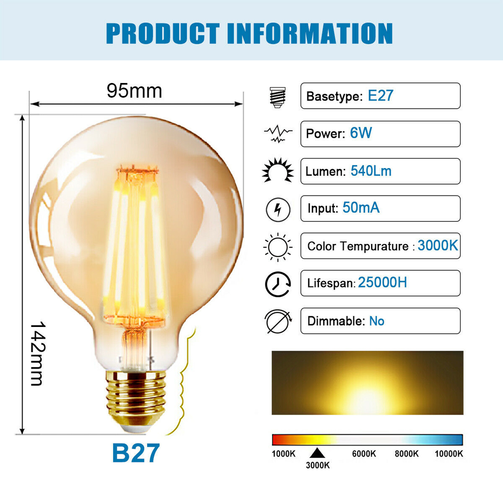 ExtraStar E27 Warm White 6W LED Vintage Ball Filament Light Bulb Image 6