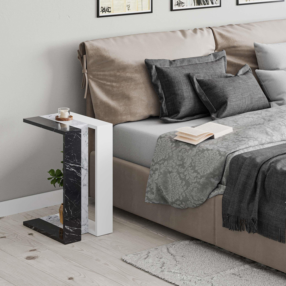 Decortie Muju White and Black White Marble Effect Modern C Shape Side Table Image 3