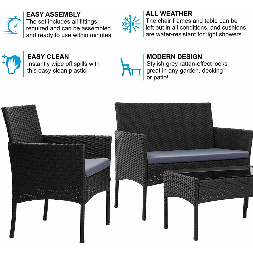 Roger 4 Seater Black Rattan Outdoor Sofa Set with Table and Seat Cushions Image 5