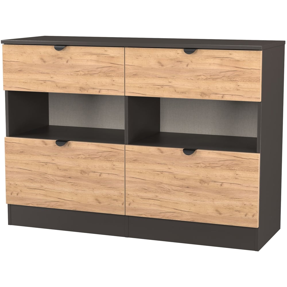 Crowndale Bora 4 Drawer 2 Shelf Gold Oak and Graphite Wide Midi Chest Image 4
