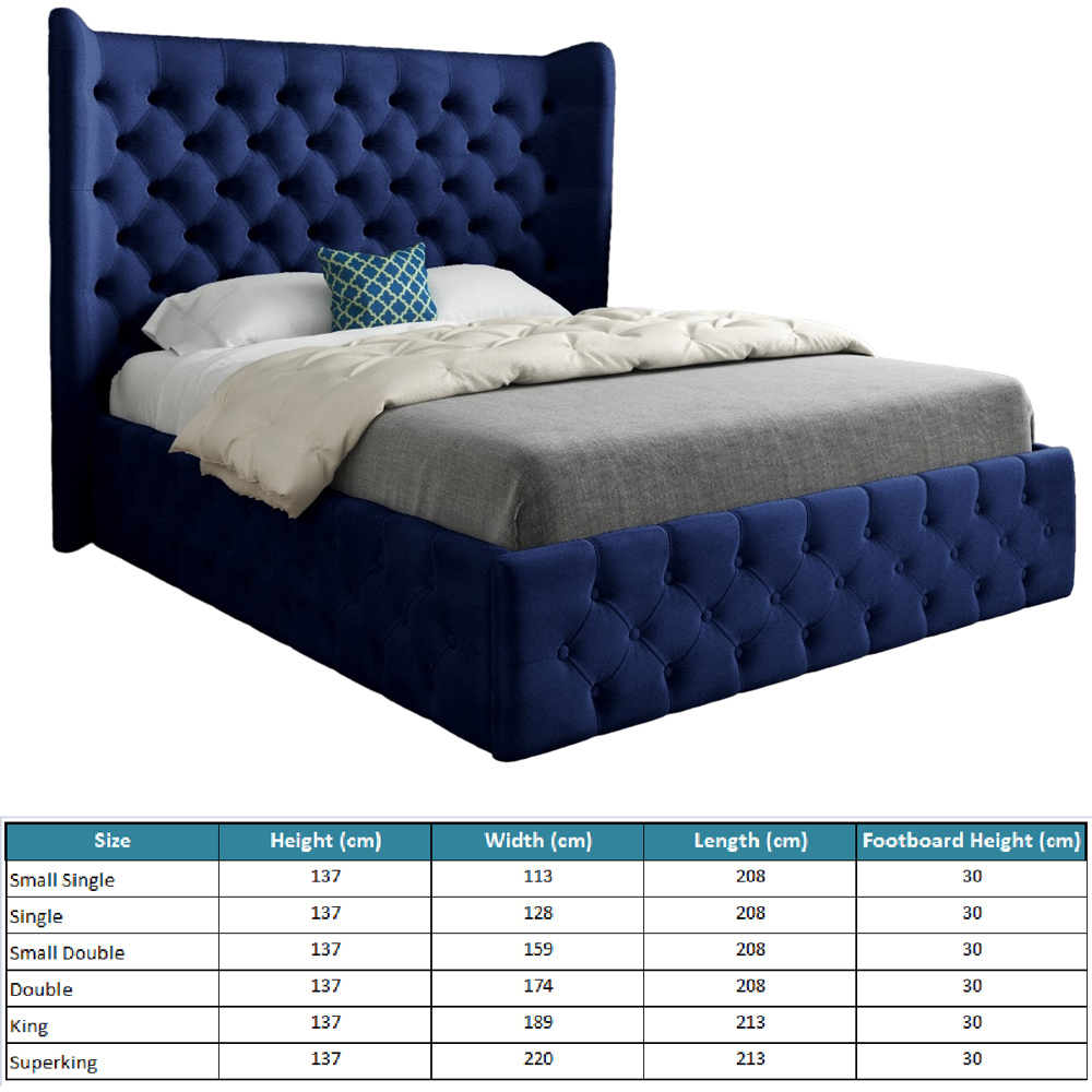 Florence Blue Small Double Velvet Upholstered Bed Frame with Wide Winged Chesterfield Headboard Image 7