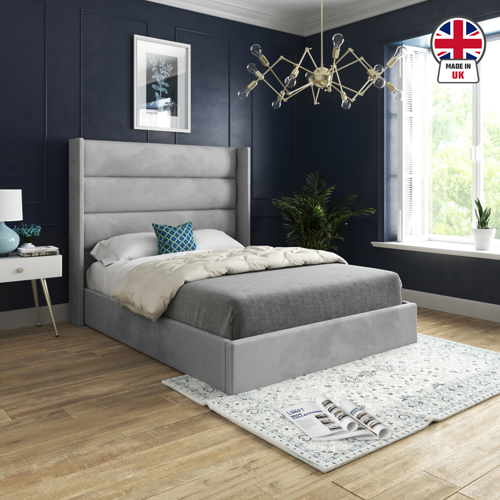 Nuno Grey Single Velvet Upholstered Bed Frame with Straight Winged Headboard Image 6