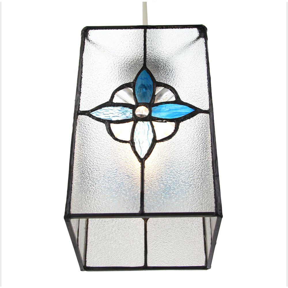 Happy Homewares Clear Glass Traditional Tiffany Style Pendant Shade with Teal Panels Image 2