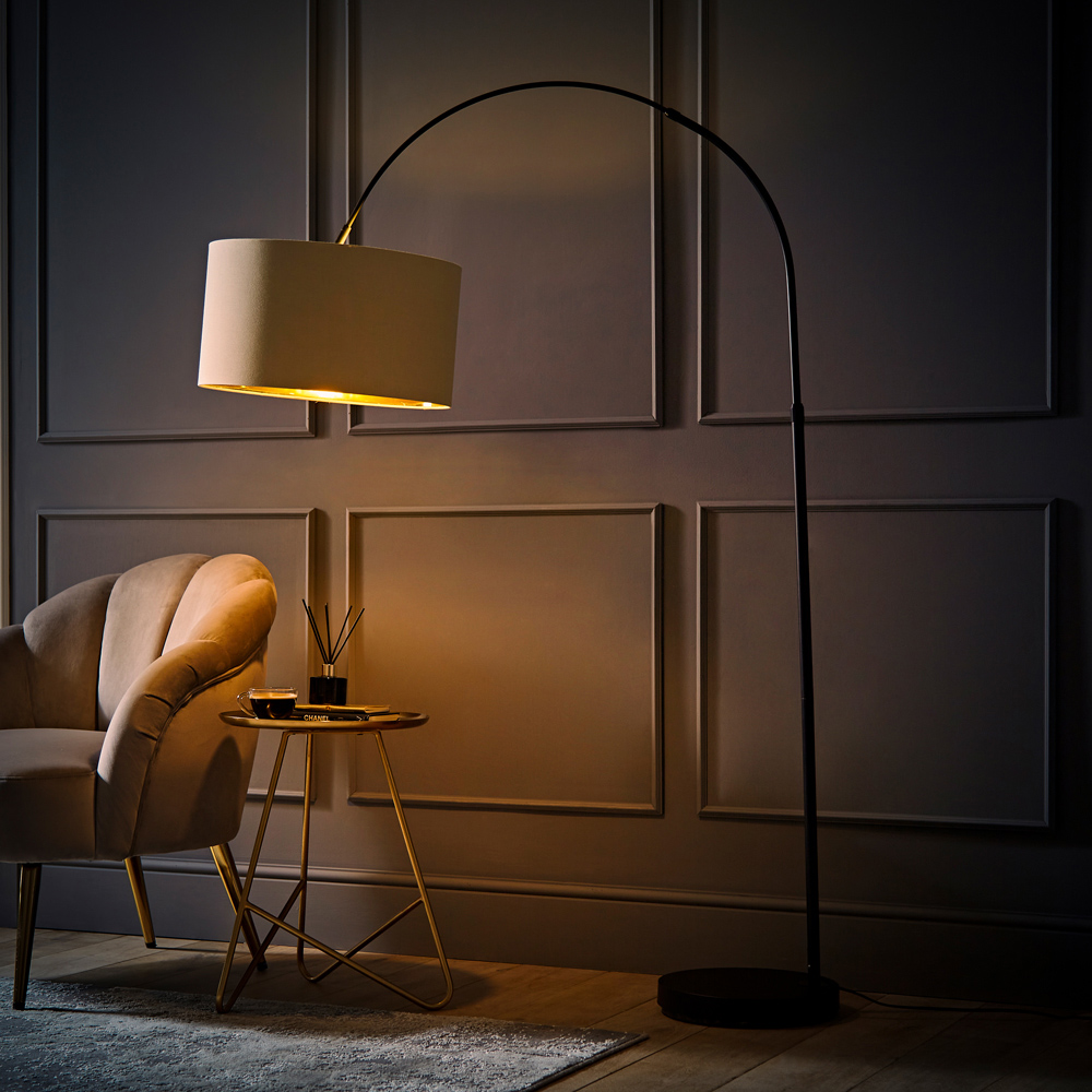 ValueLights Louis Beige and Gold Shade Black Curved LED Floor Lamp Image 6