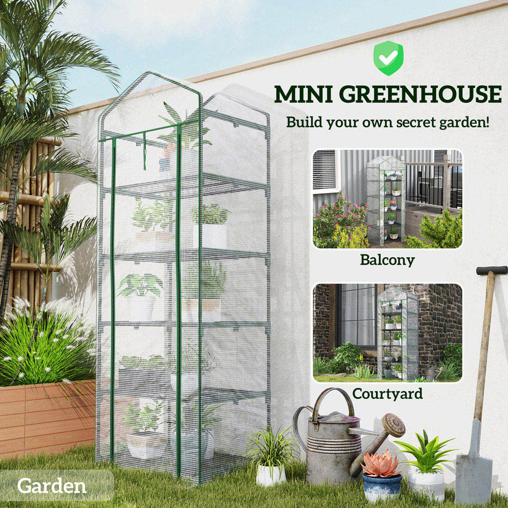 Outsunny White and Green 5 Shelf PE Cover 2.2 x 1.6ft Mini Greenhouse with Roll Up Door Image 6
