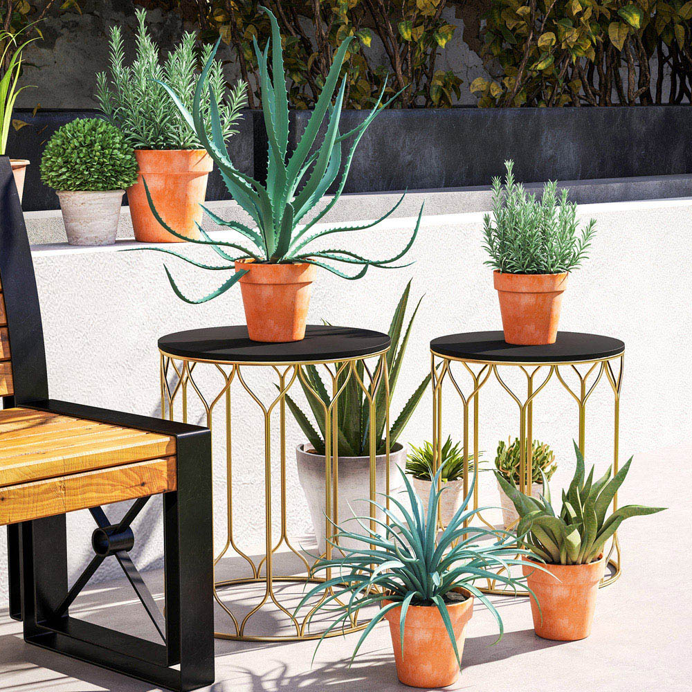 Outsunny Marble Effect Top and Black Nest of Garden Tables Set of 2 Image 3