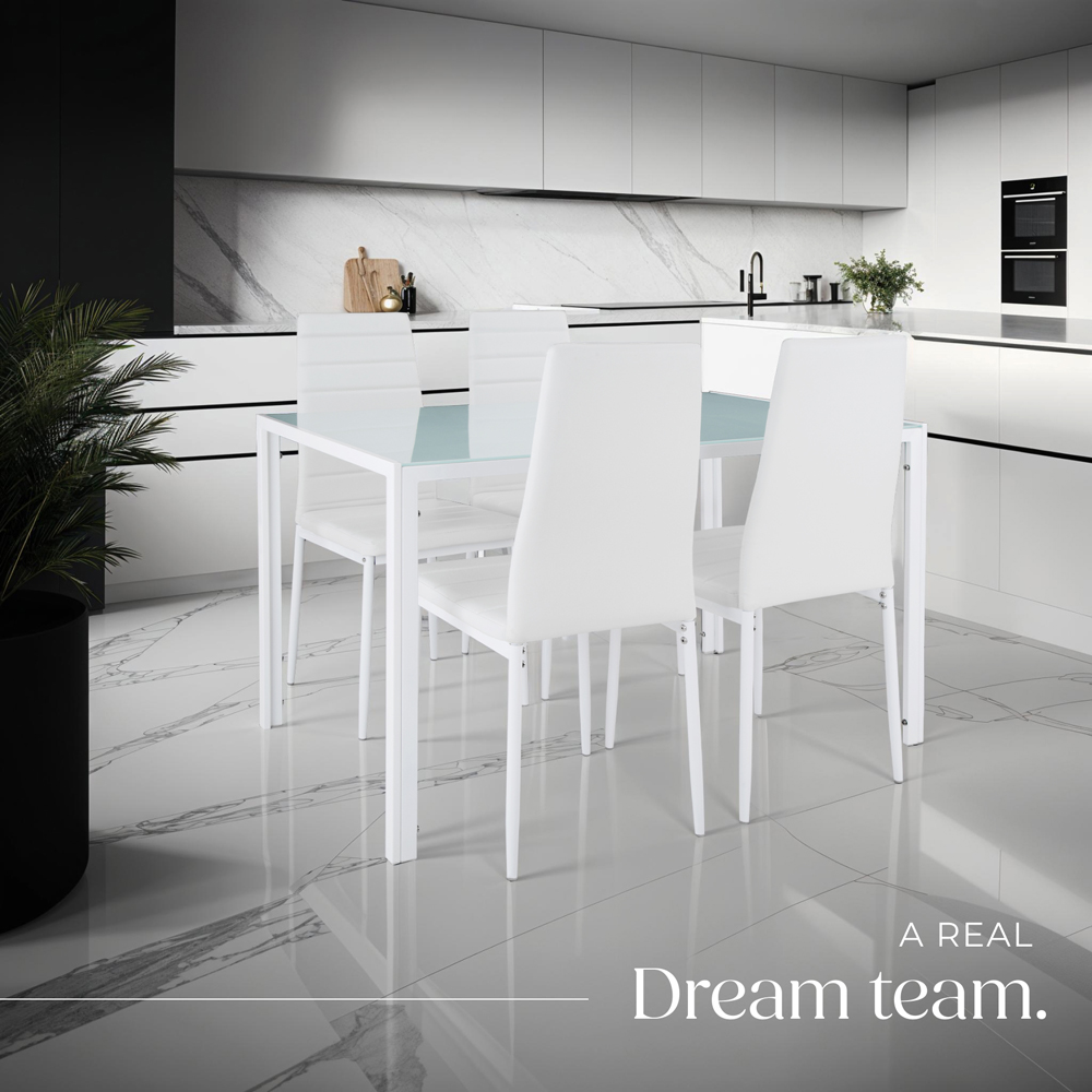 tectake Berlin 4 Seater White Faux Leather Dining Table Set Image 3