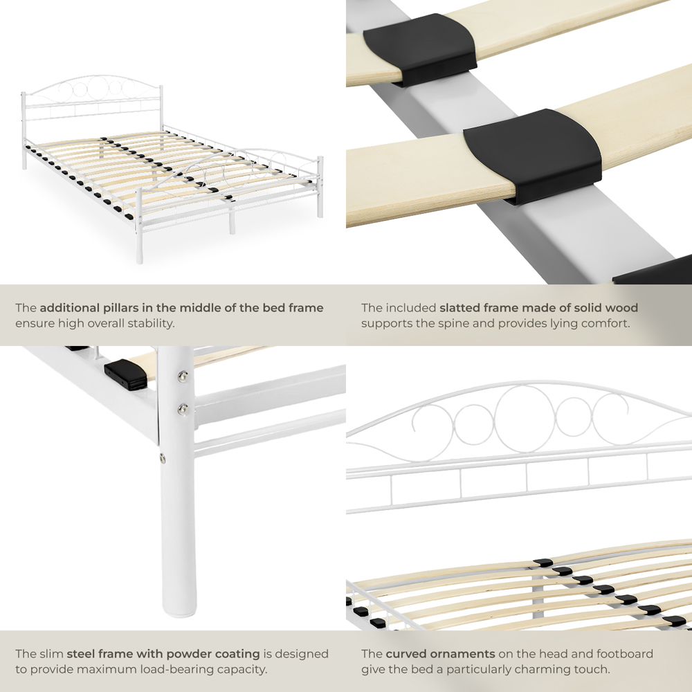 tectake Double White Metal Bed Frame with Slatted Base Image 7
