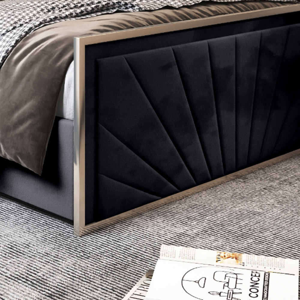 Roxy Small Double Black Soft Velvet Upholstered Metal Bed Frame with Chevron Headboard Image 4