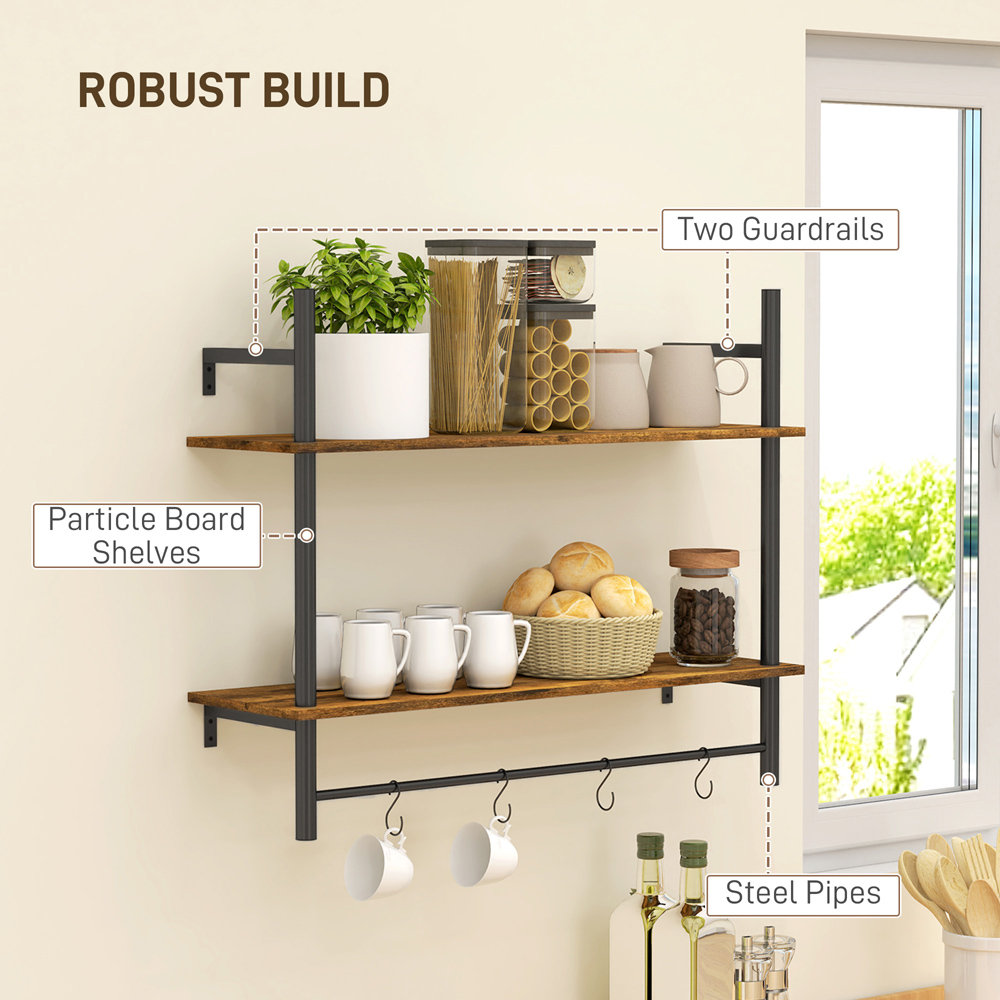 Portland 2 Tier Rustic Brown Wall Shelf Unit with 4 Hooks Image 8