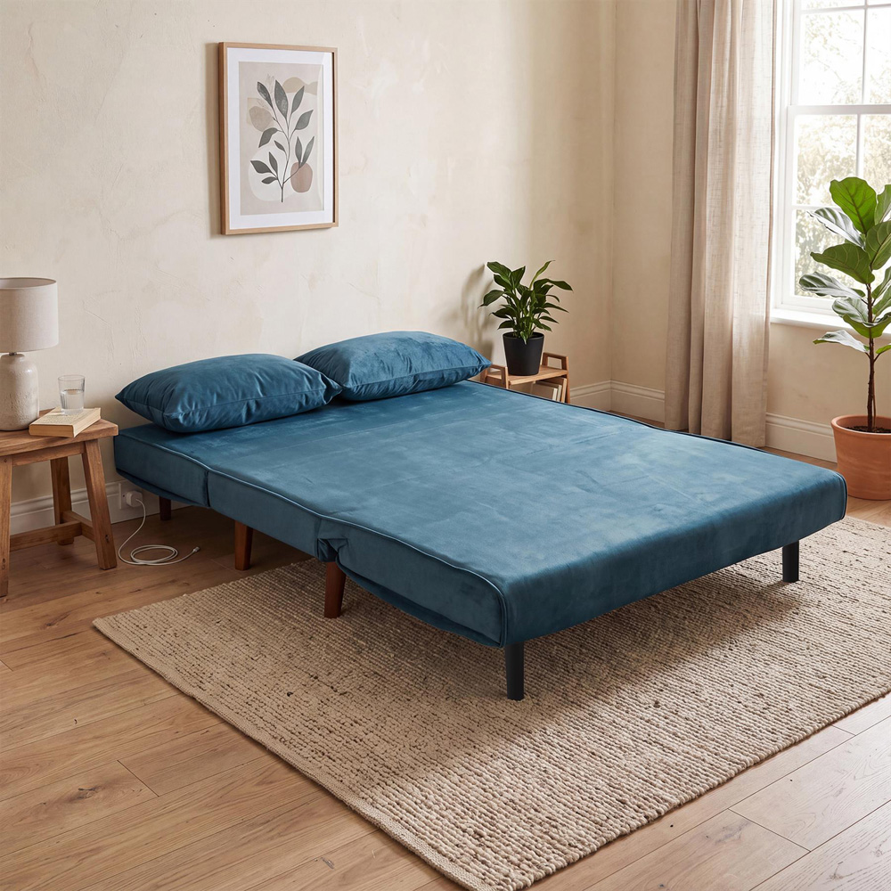 Portland 2 Seater Blue Velvet Sofa Bed Image 3