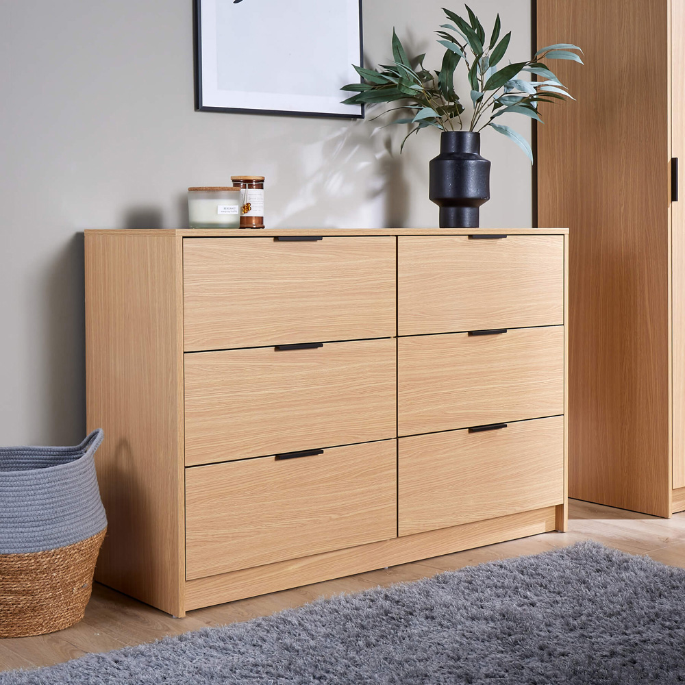 Home Source Phoenix 6 Drawer Oak Wide Chest of Drawers Image 6
