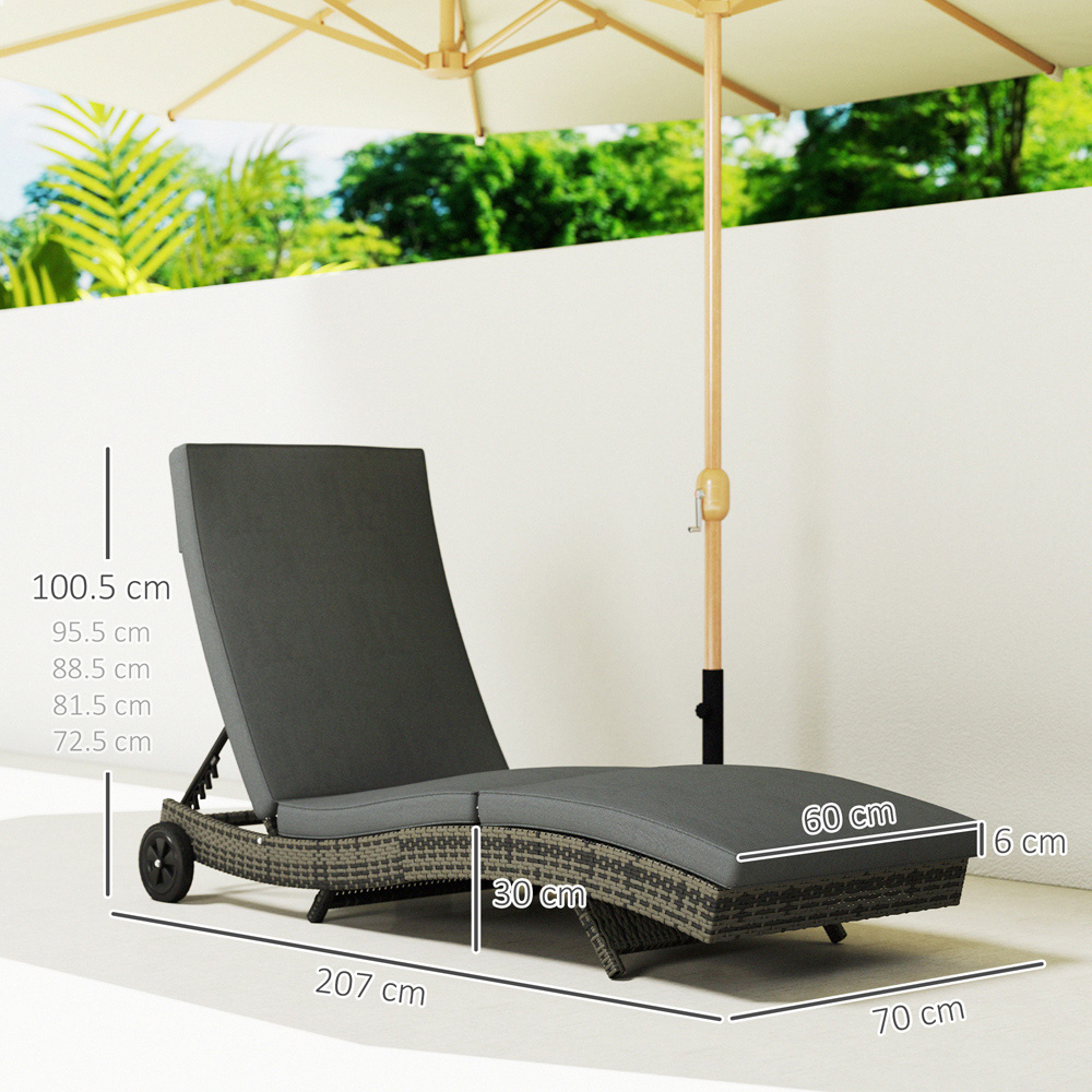 Outsunny Dark Grey Rattan Reclining Back Sun Lounger with Wheels Image 8