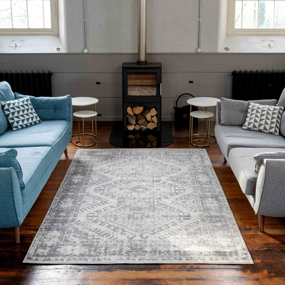 Kukoon Silver and Grey Bordered Geometric Distressed Rug 170 x 120cm Image 2