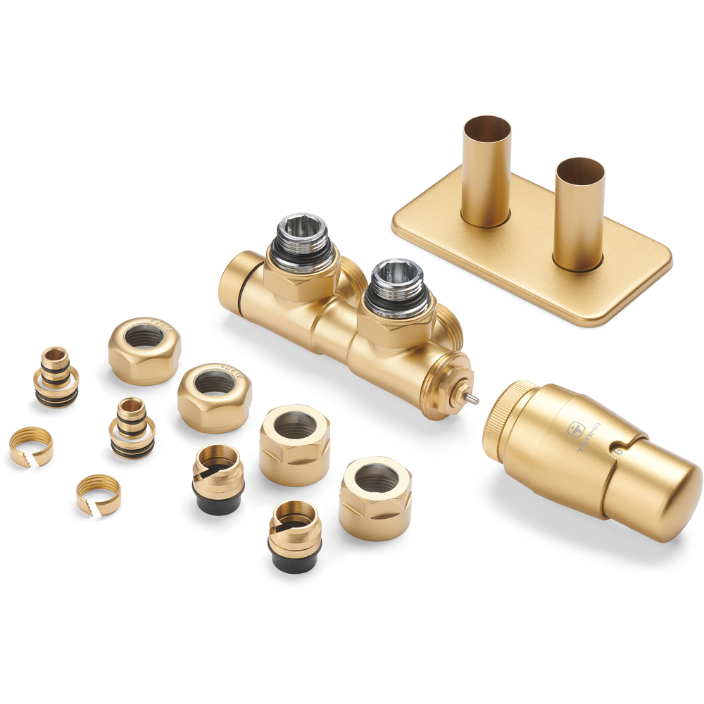 Terma Vario Brass Right Sided Twins Angled Integrated Thermostatic Radiator Valve Set 50mm Image 2