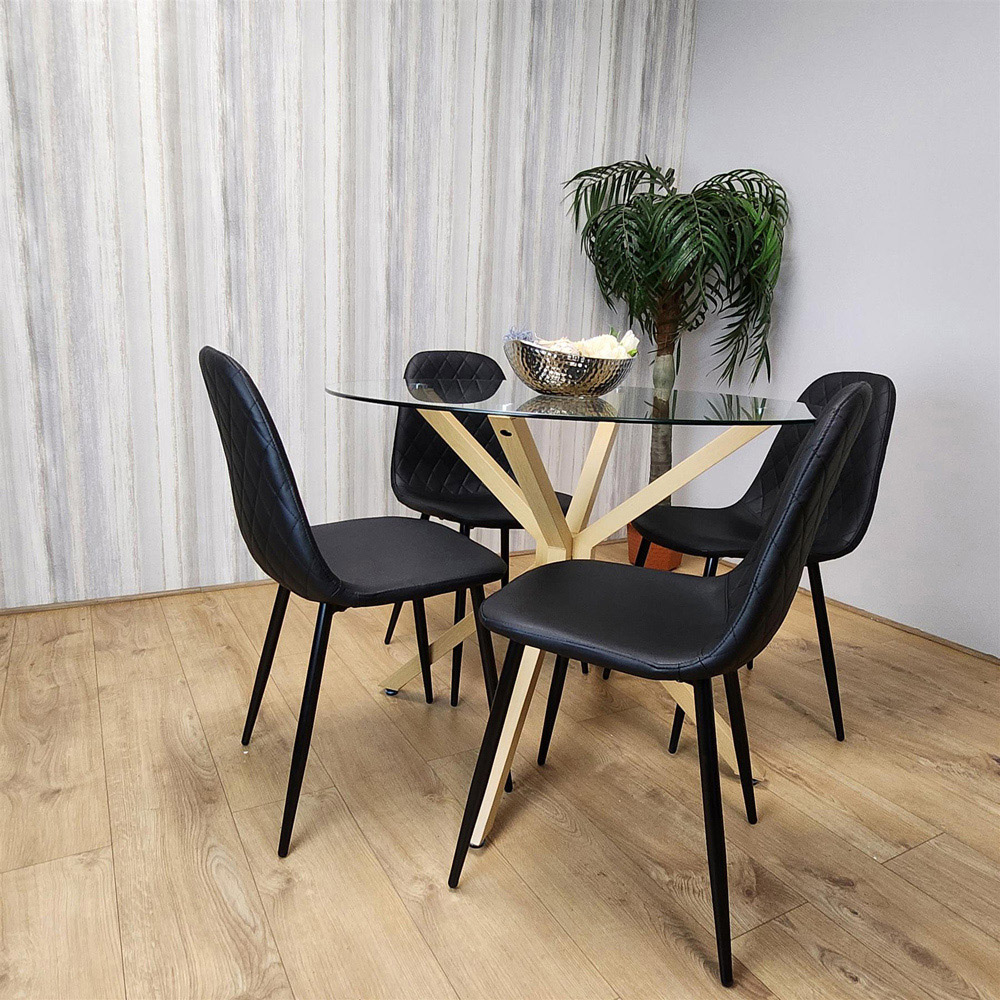 Portland Clear Glass and Leather 4 Seater Dining Set Black Image 4