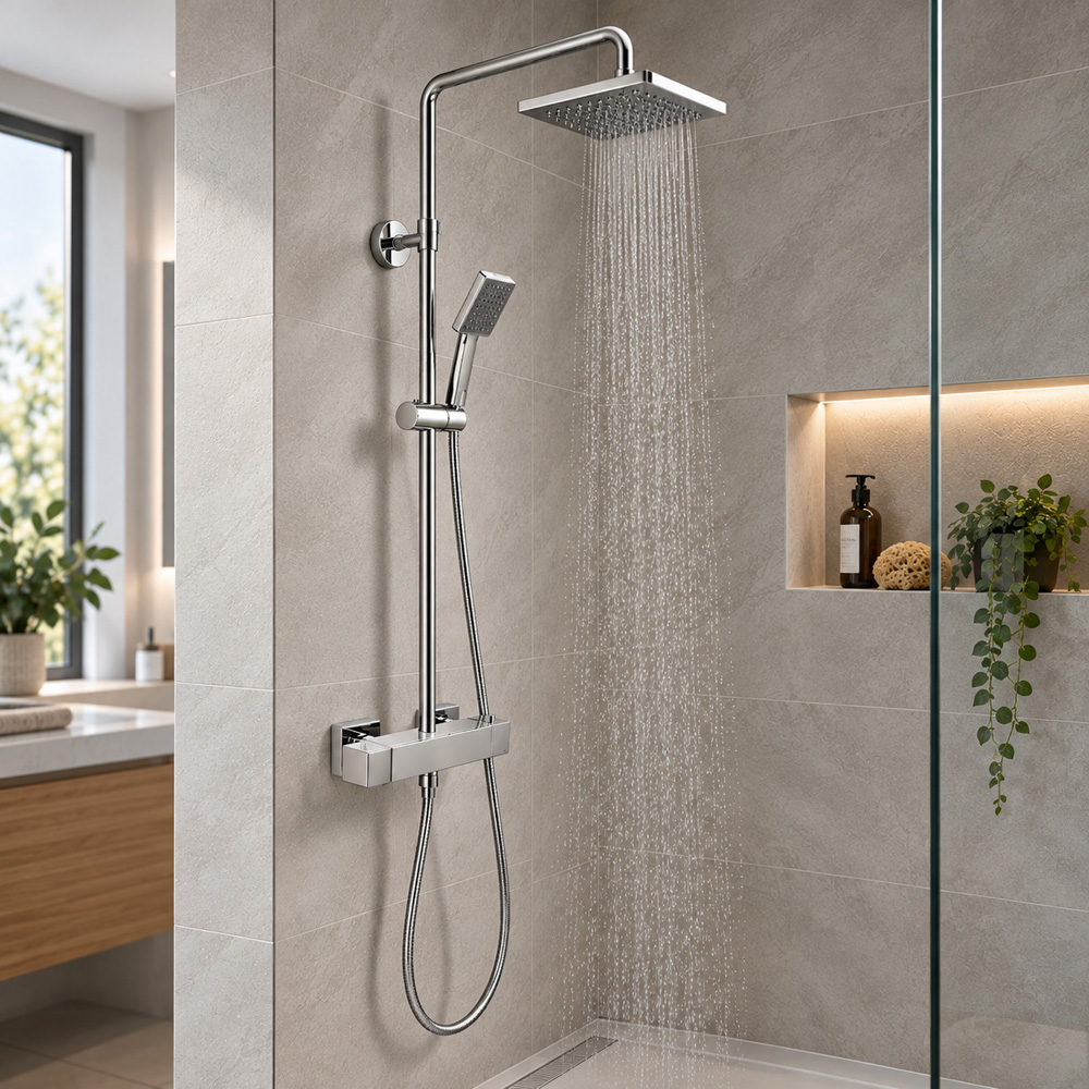Go Bathrooms Riva Chrome Thermostatic Shower with Rainfall Head and Handset Image 2