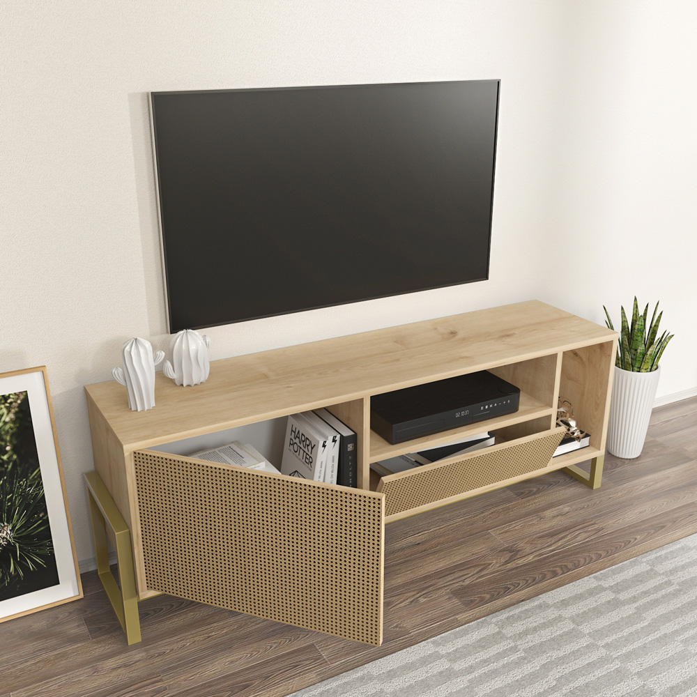 Decorotika Utopie Single Drawer Single Door 2 Shelf Oak and Rattan TV Unit Image 5