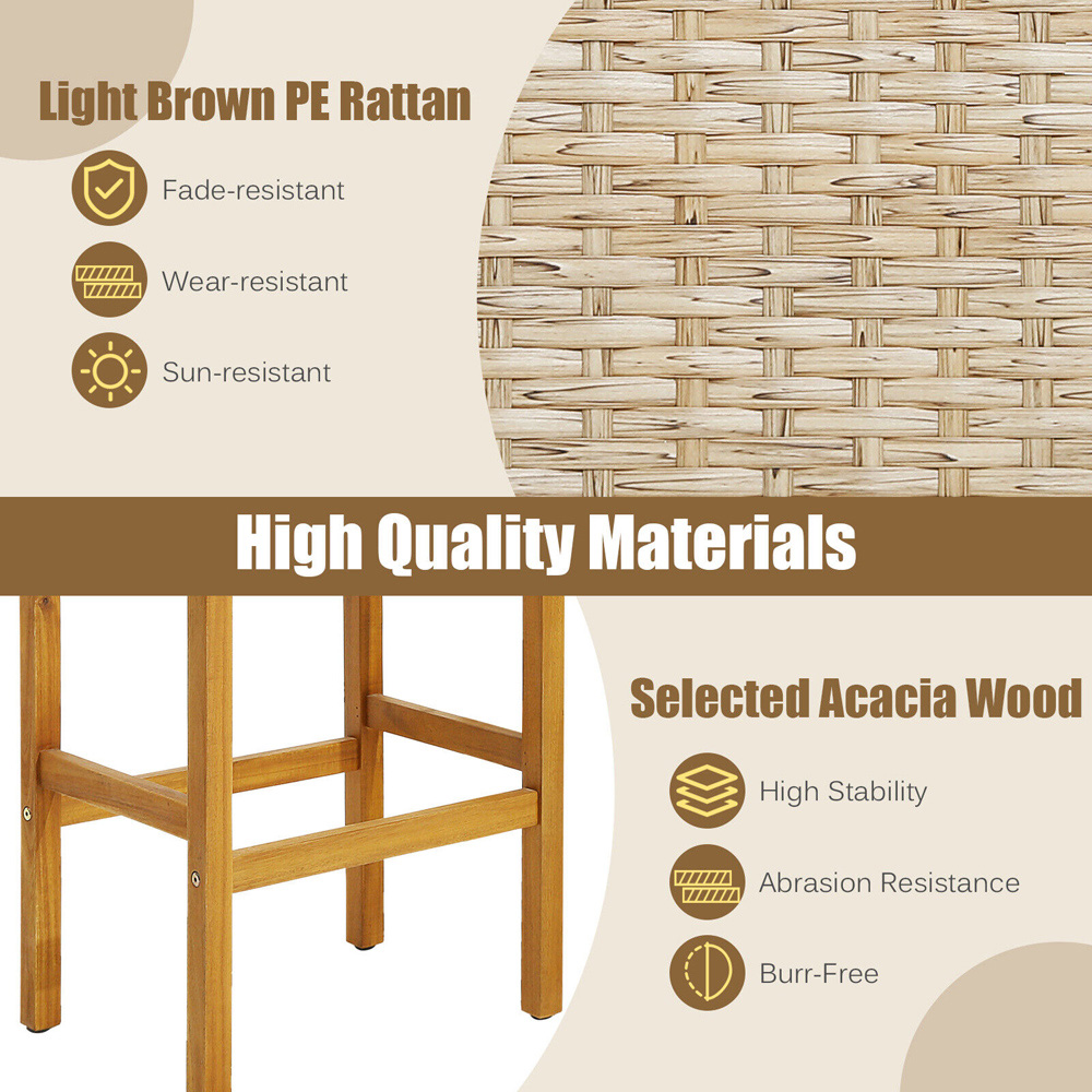 Costway Acacia Wood PE Wicker Bar Stool Set of 2 Image 7