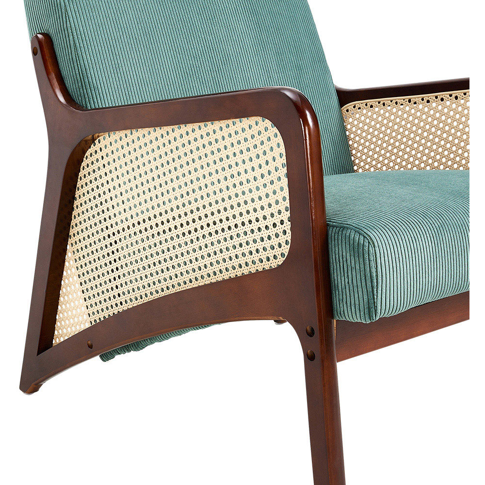 Living and Home Green Corduroy Armchair with Rattan Armrest Image 6