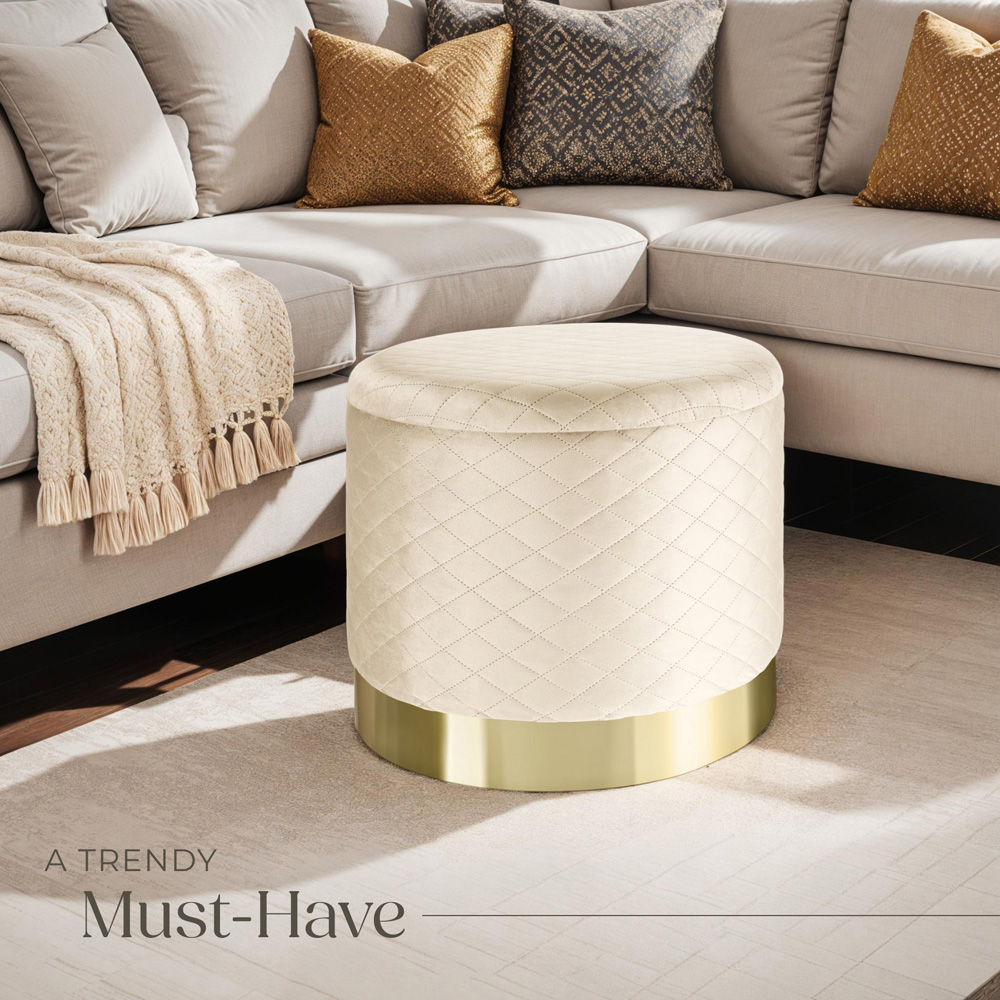 tectake Coco Cream Velvet Look Quilted Padded Round Stool with Storage Image 8
