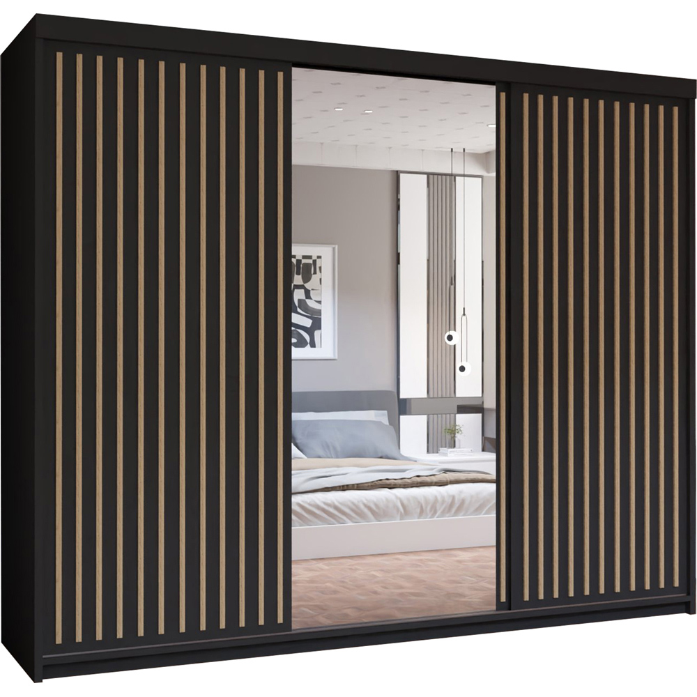 M N Furniture Roman 3 Door Black and Oak Mirrored Sliding Wardrobe 250cm Image 2