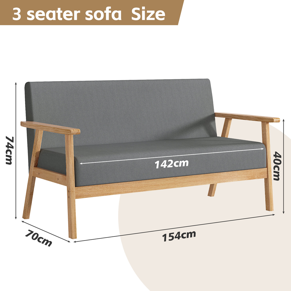 Beige 3 Seater Linen Country Wooden Sofa Image 8