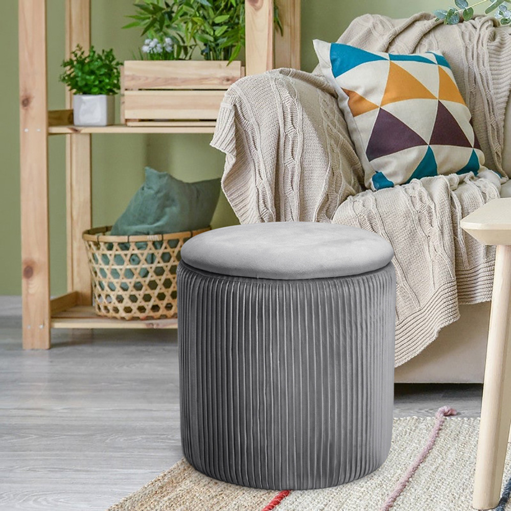 Living and Home Grey Round Pleated Storage Ottoman Image 6