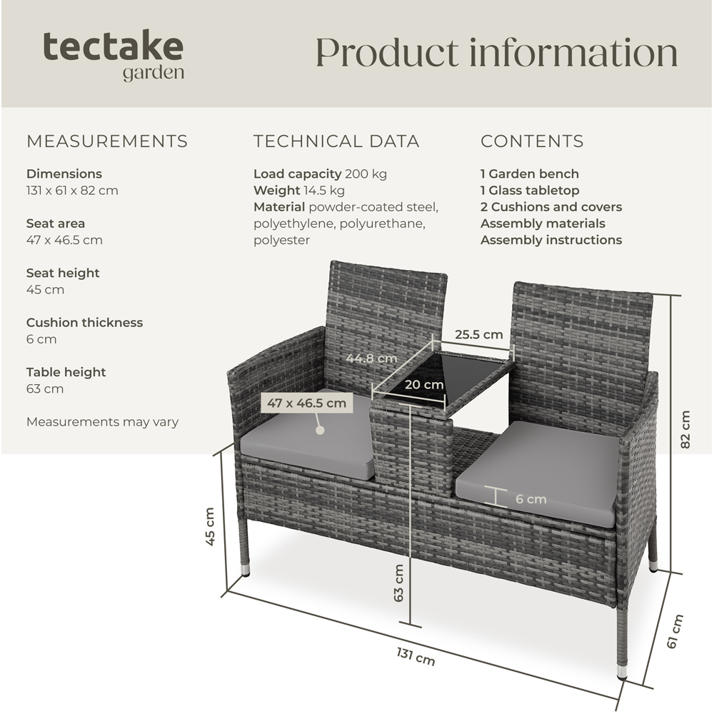 tectake Narbonne 2 Seater Grey and Light Grey Garden Bench Image 9