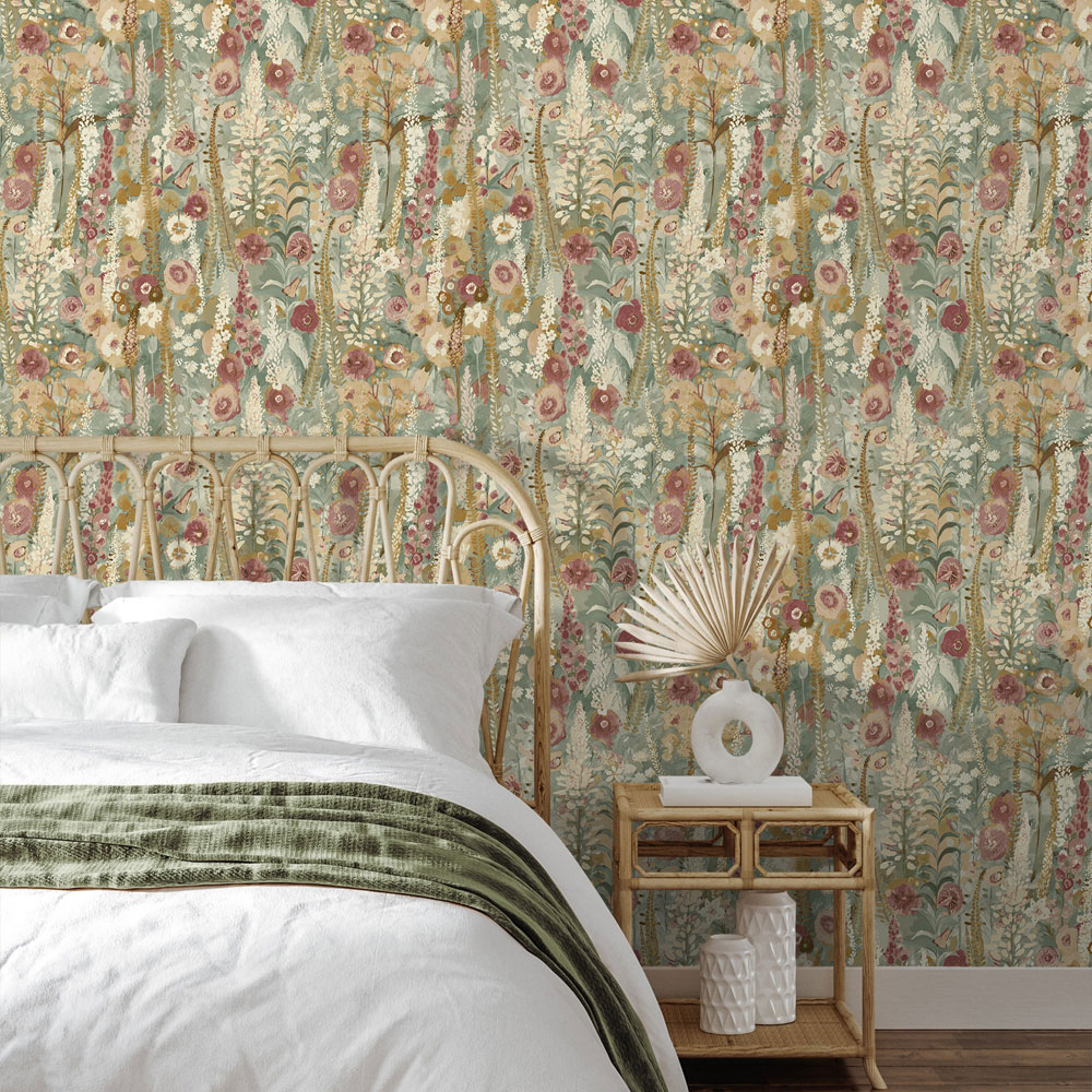 Grandeco Delphinium Forest Floral Garden Textured Sage Green Neutral Wallpaper Image 2
