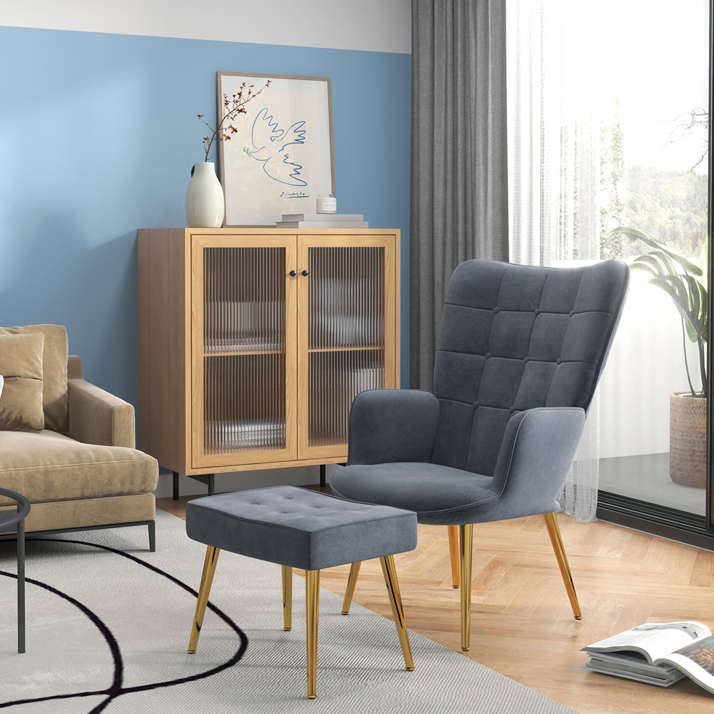 Portland Dark Grey Modern Button Tufted Wing Back Chair with Footstool Image 4