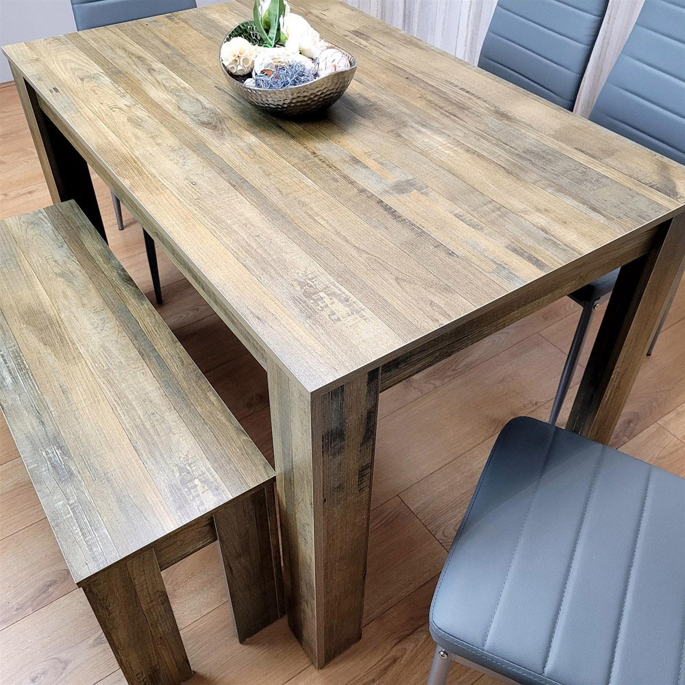 Portland 6 Seater Dining Set Rustic Effect and Grey Leather with Bench Image 4