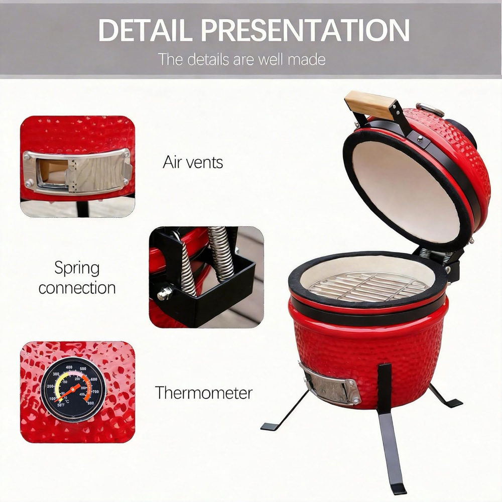 Alivio Kamado Red Portable Ceramic 13 inch Mini BBQ Grill Smoker Egg with Stand Image 7