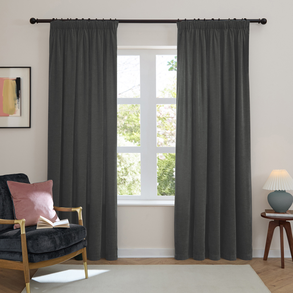 Furn Soft Chenille Charcoal Blackout Pencil Pleat Curtains 229 x 137cm Image 4