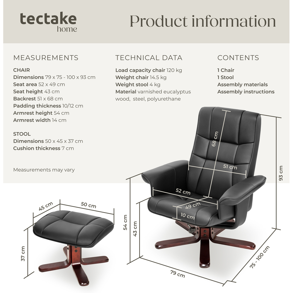 tectake Black Armchair with Adjustable Backrest and Stool Image 8