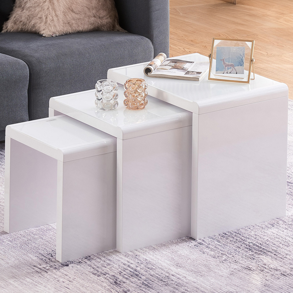 Comfy Living White High Gloss Glass Nest of Tables Set of 3 Image 5