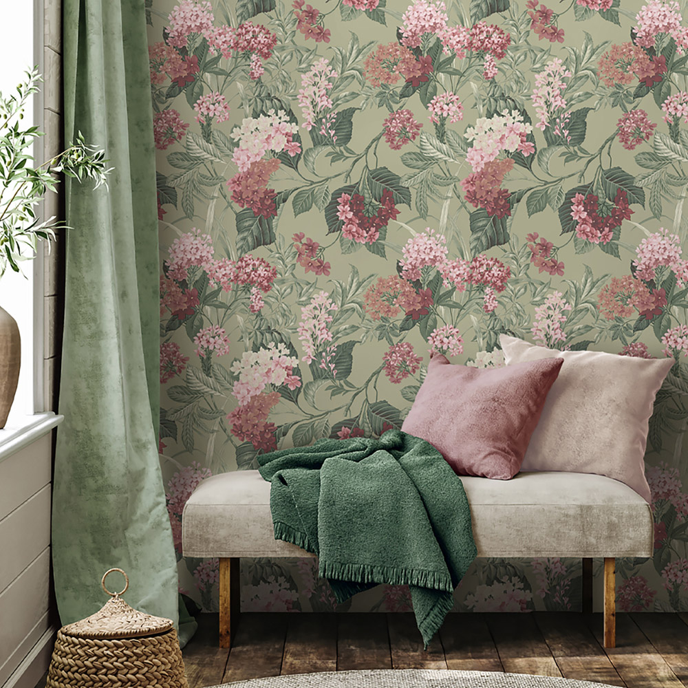 Belgravia Decor Misaki Sage and Pink Wallpaper Image 2