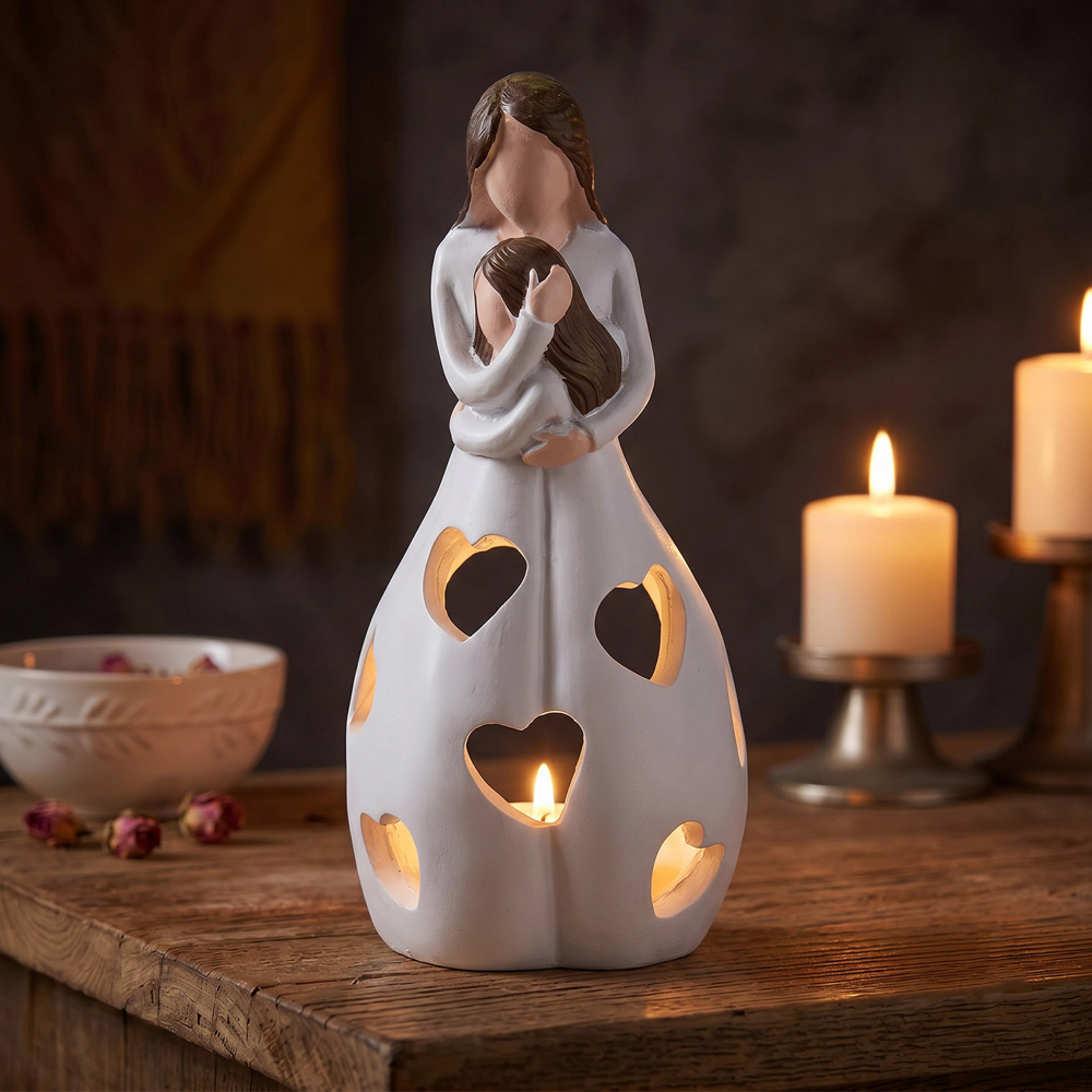 Living and Home White Resin Mother and Daughter Tealight Holder Image 7