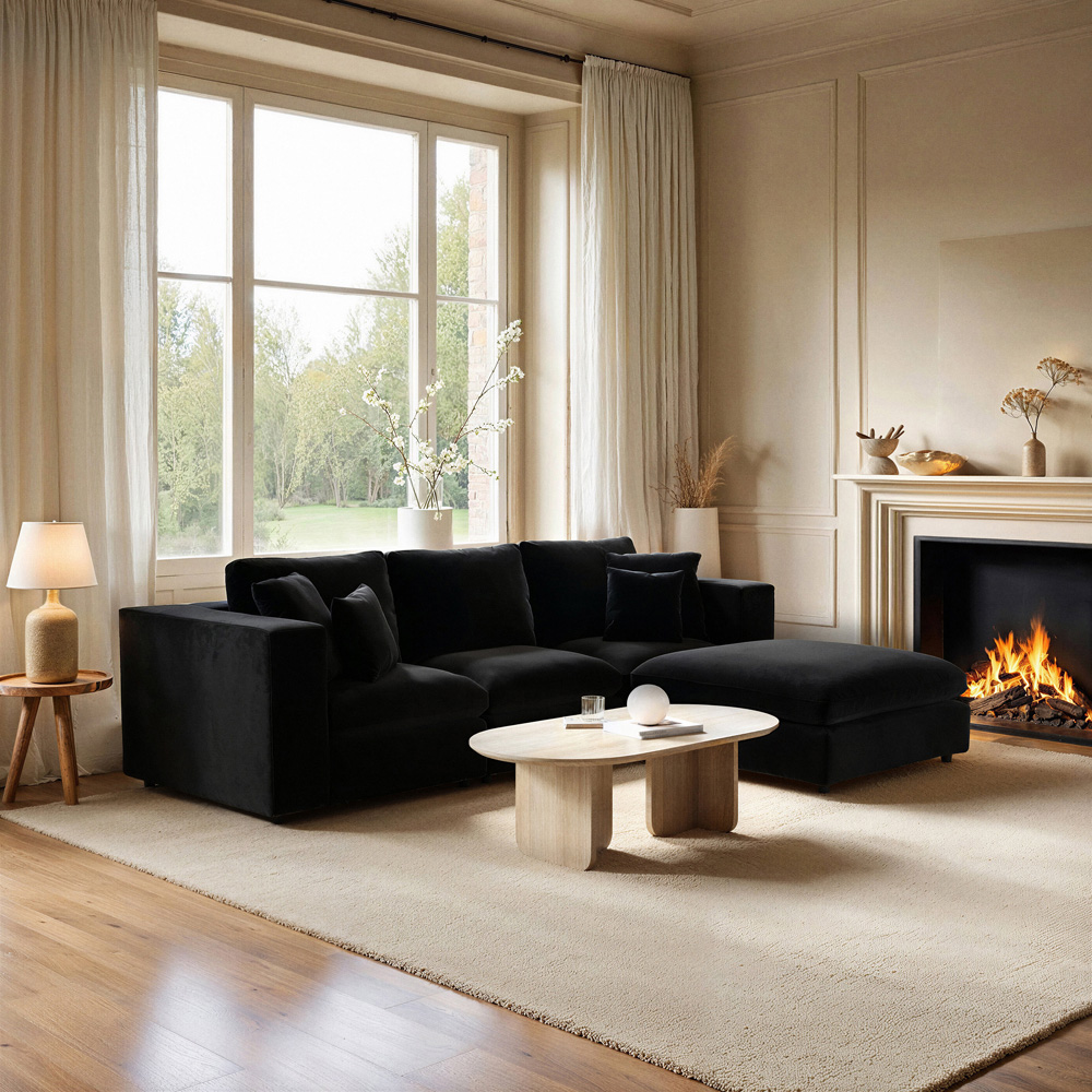 SOLACE+CO Asher 4 Seater Black Velvet Sofa with Footstool Image 5