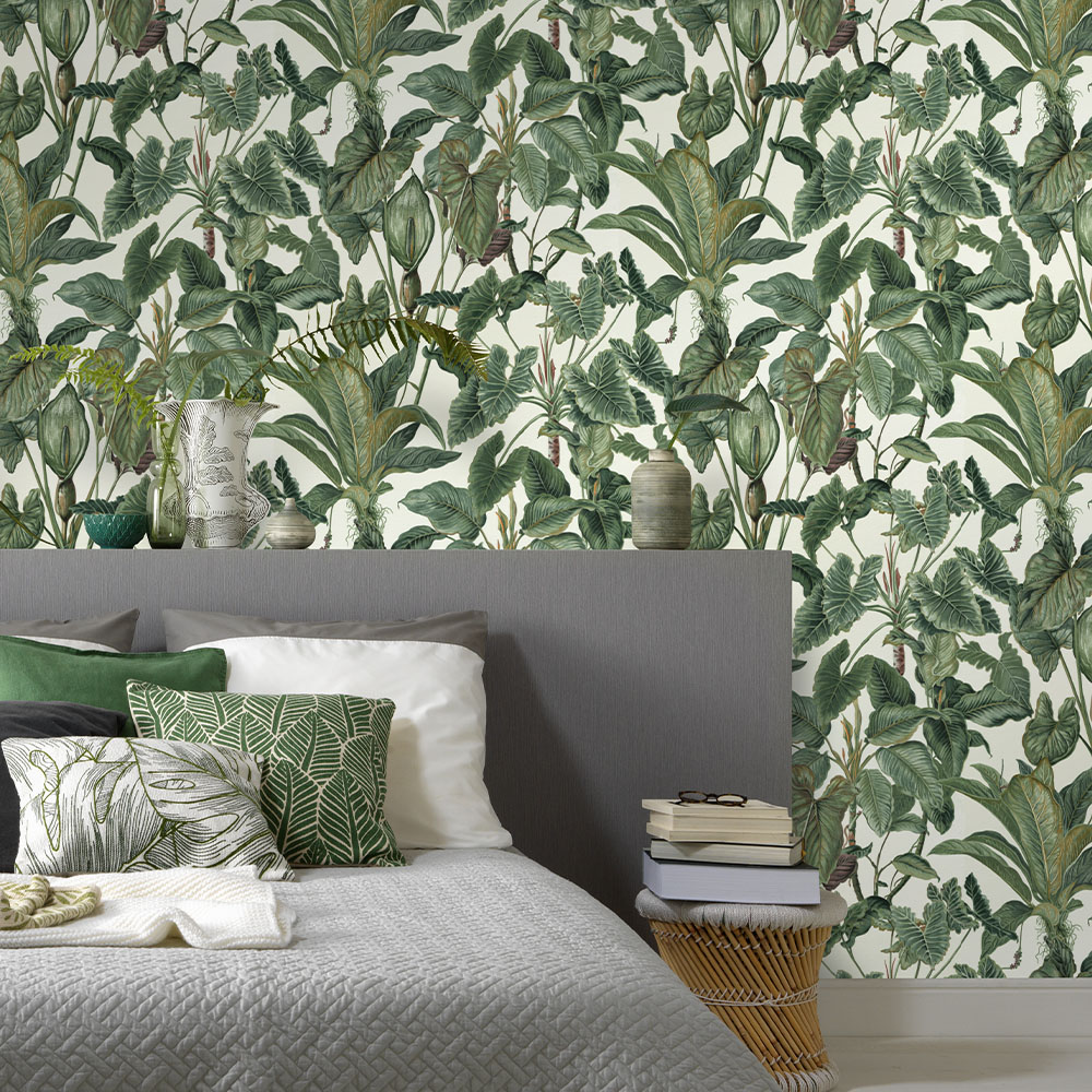 Erismann Paradiso Tropical Leaves White and Green Wallpaper Image 3