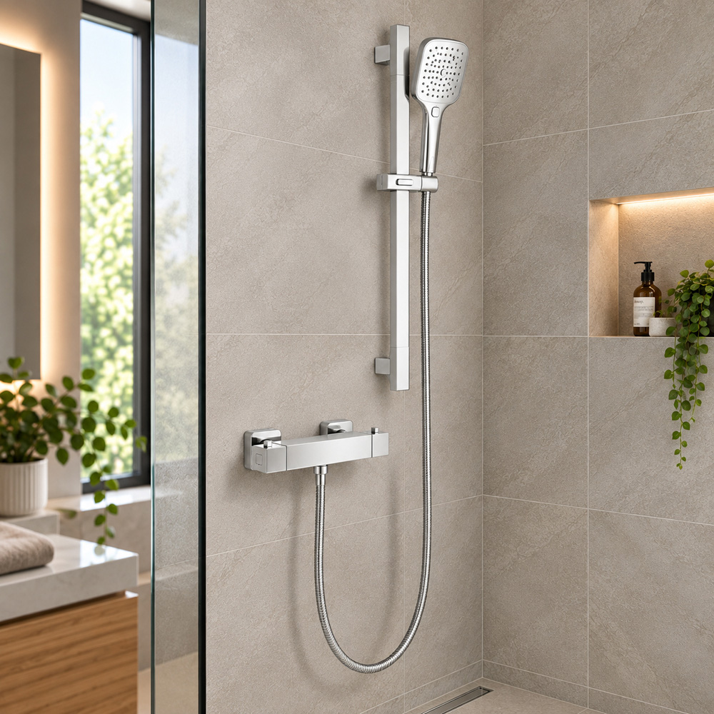 Go Bathrooms AquaFlow Chrome Round Thermostatic Bar Shower Kit Image 2