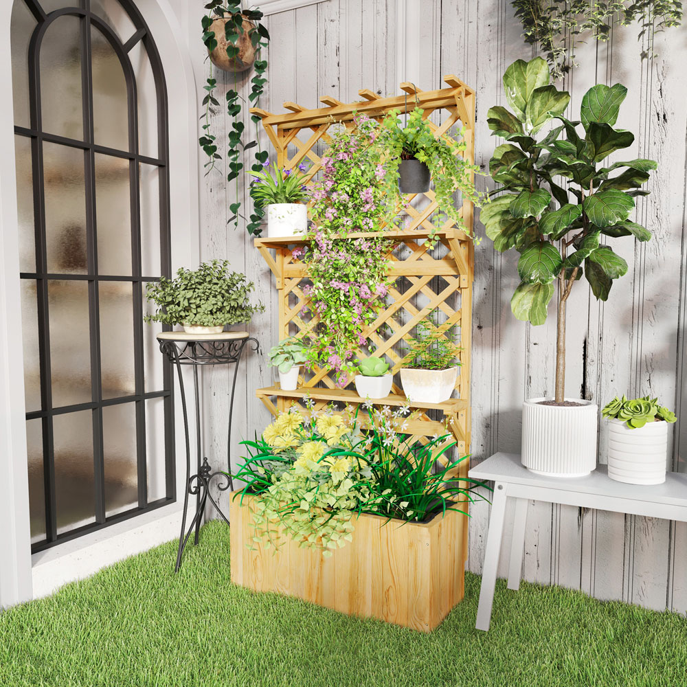 Outsunny 52L 2 Shelf Natural Wooden Raised Garden Bed with Trellis 177 x 33 x 76cm Image 2