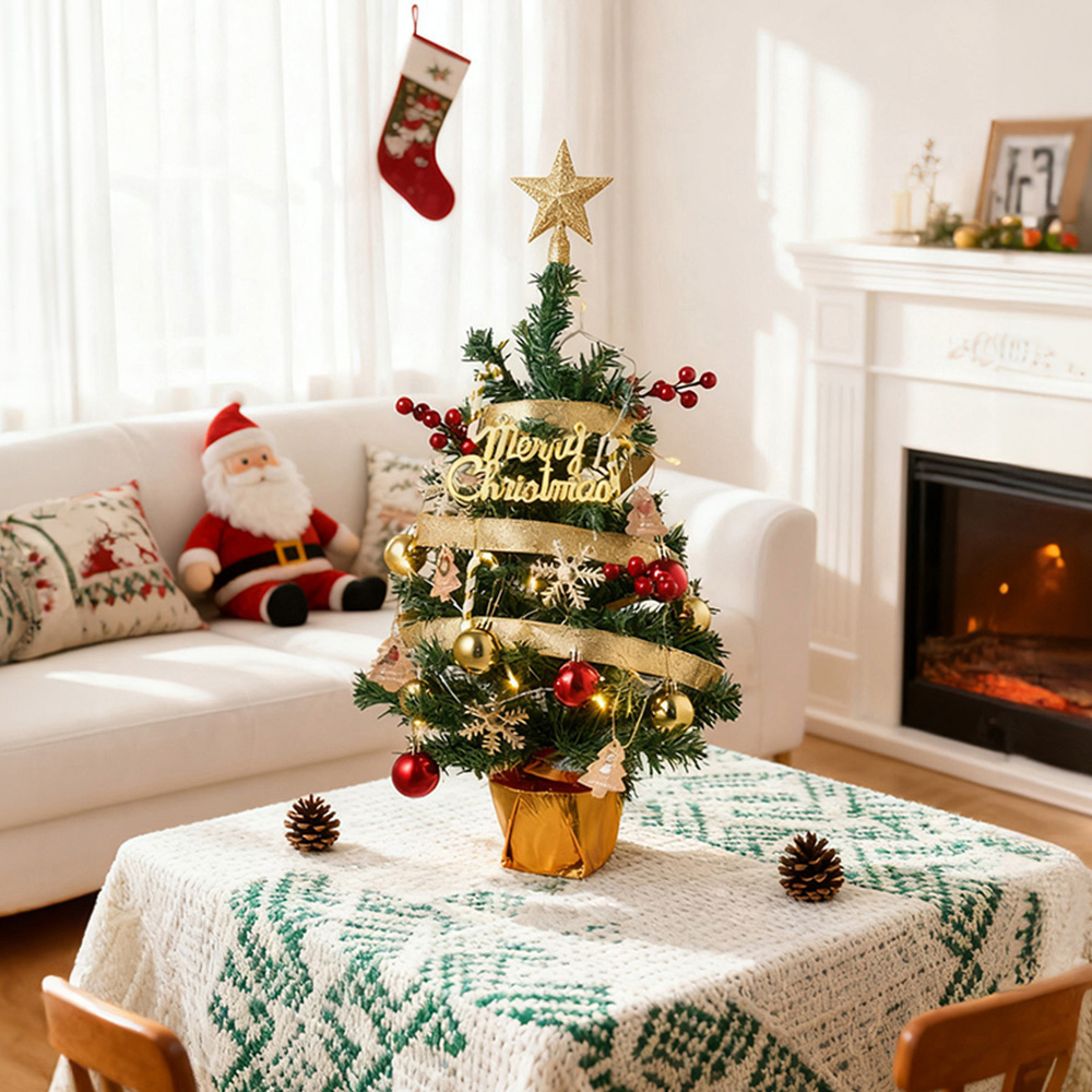 Living and Home LED String Light Baubles and Gold Star Top Mini Artificial Christmas Tree 2ft Image 2