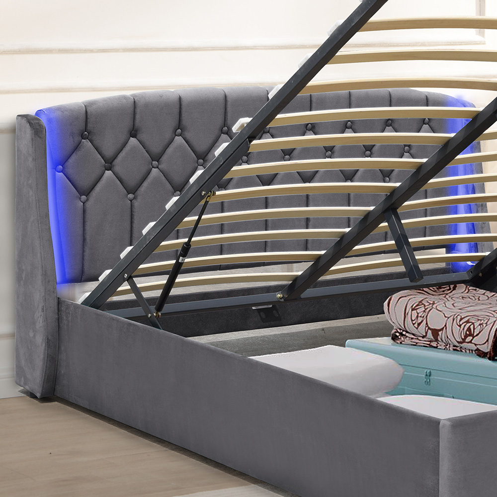 Comfy Living Double Grey Fabric Gaslift Bed Frame with LED Headboard Image 2