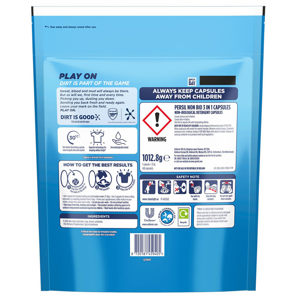 Persil 3 in 1 Non-Bio Washing Capsules 48 Washes 1012.8g 6 Pack Image 3