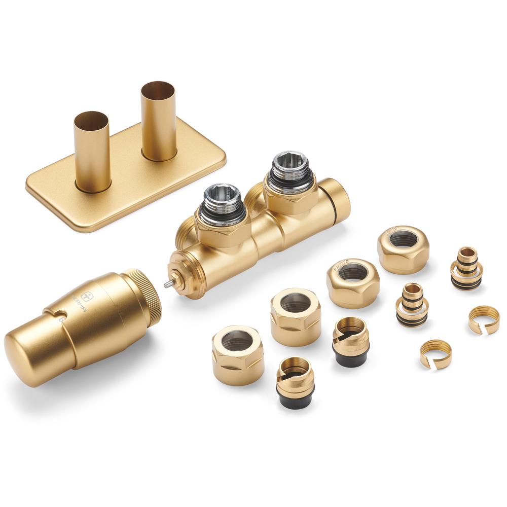 Terma Vario Brass Left Sided Twins Angled Integrated Thermostatic Radiator Valve Set 50mm Image 2