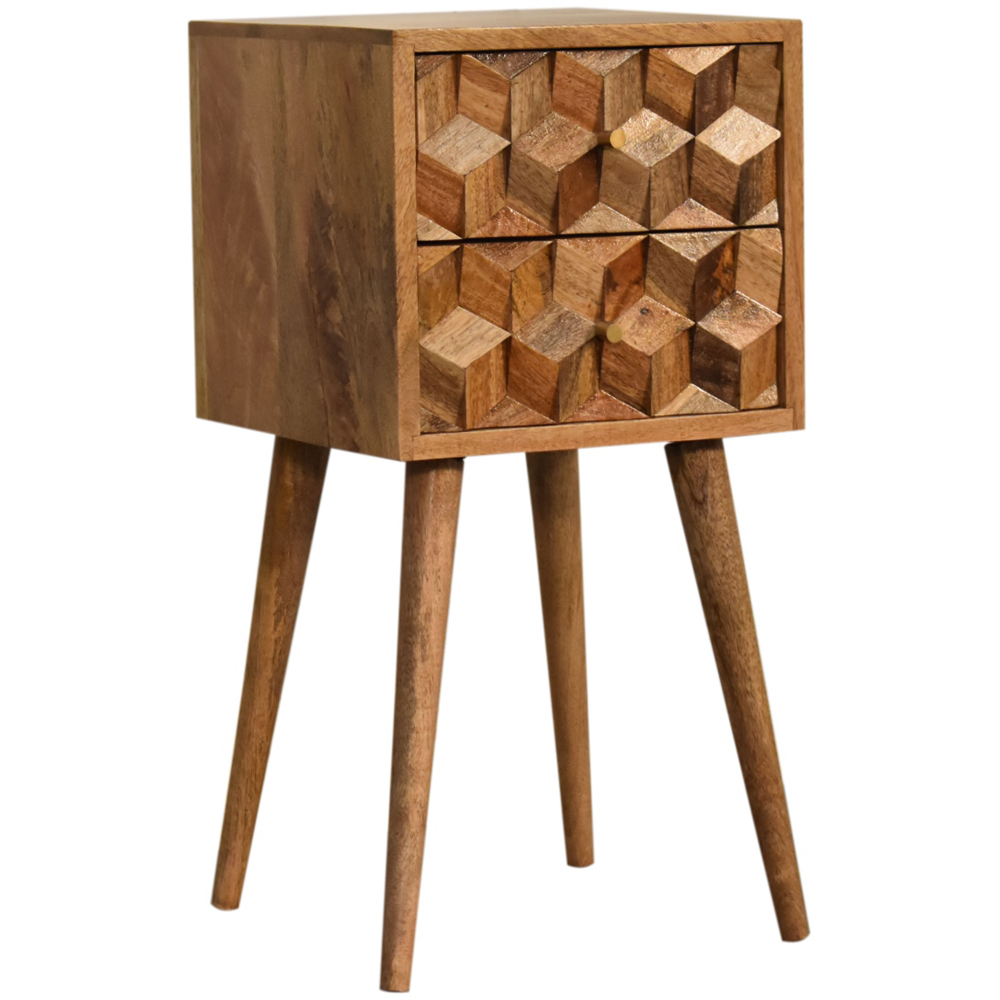 Artisan Furniture Oak-ish 2 Drawer Solid Wood Mini Cube Carved Bedside Table Image 3
