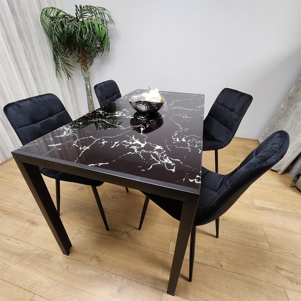 Portland Marble Effect Glass 4 Seater Velvet Dining Set Black Image 3