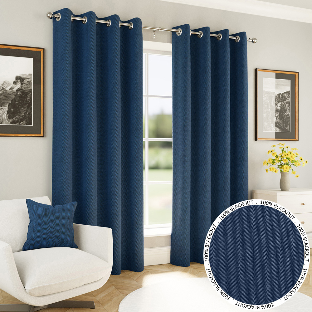 Enhanced Living Navy Herringbone Blackout Eyelet Thermal Curtains 168 x 229cm Image 1